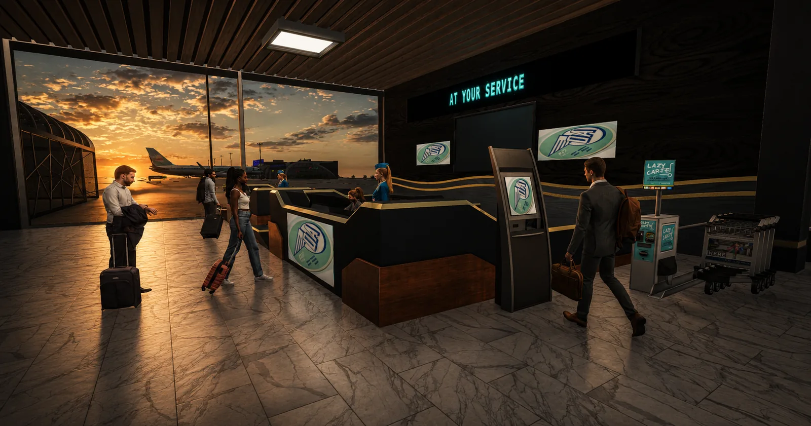 A branded airline check-in counter in the departures hall &mdash; desk staff in uniform, self-service kiosk and baggage trolleys, the apron at sunset beyond