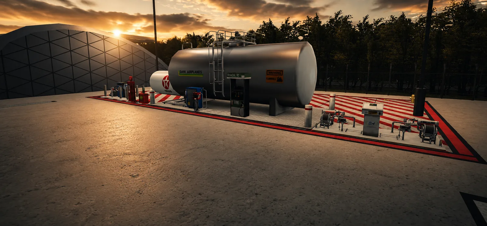 The fuel farm by the hangar dome &mdash; tank, pumps and hose reels inside the hazard striping