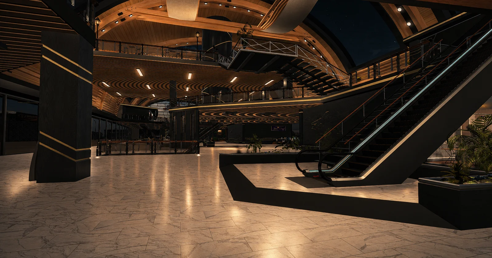 The departures hall at night &mdash; escalators up to the balcony under the arched timber roof