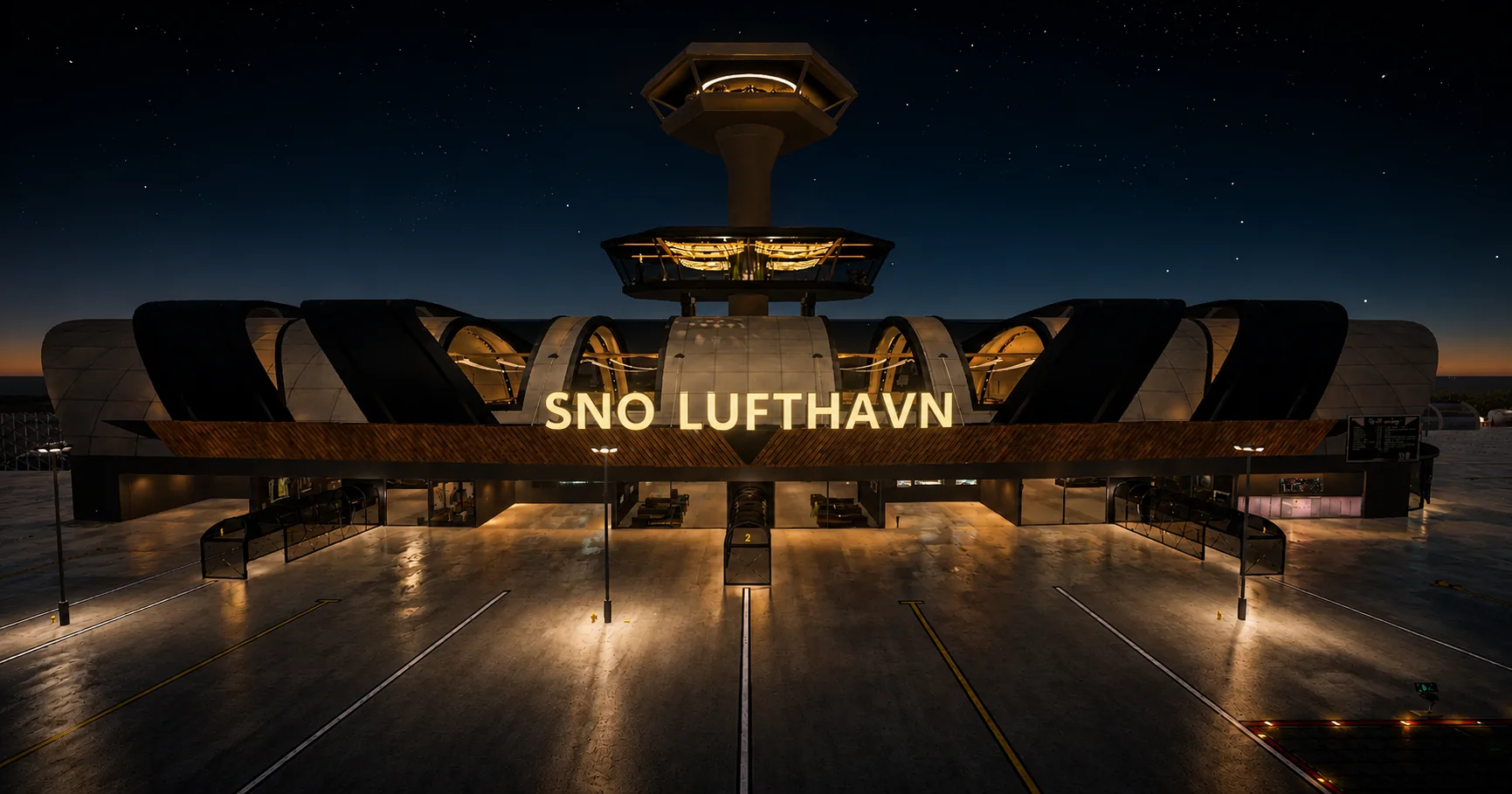 The SNO Lufthavn terminal under a starry sky, sign lit, with the control tower glowing above