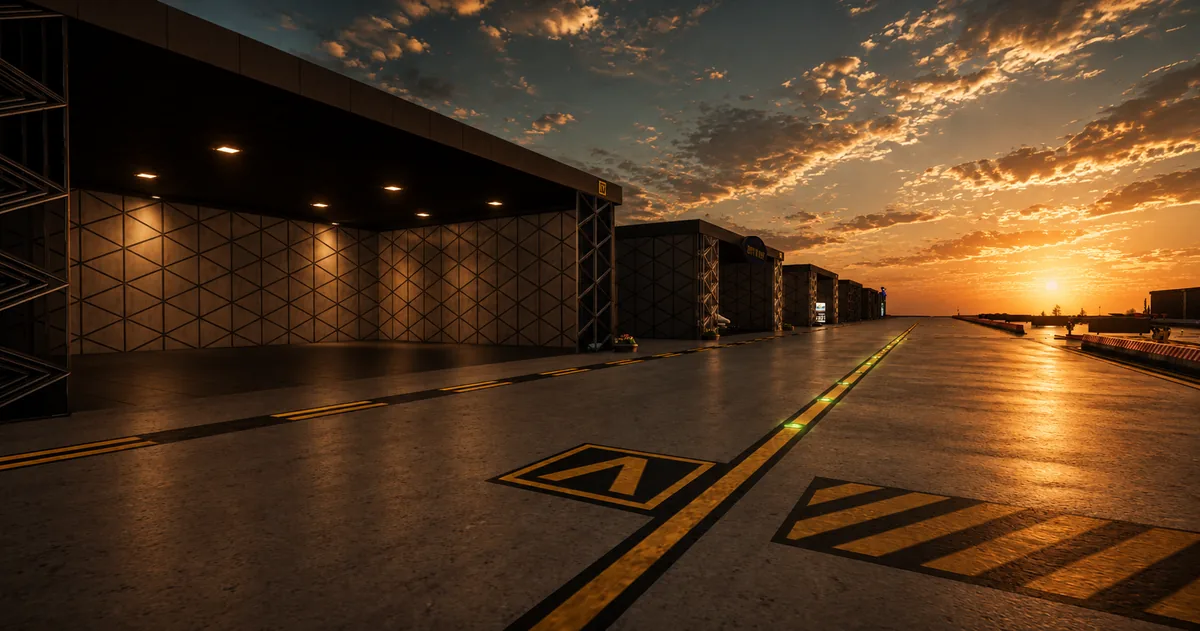The hangar row at sunset &mdash; open bays facing the lit taxiway centreline