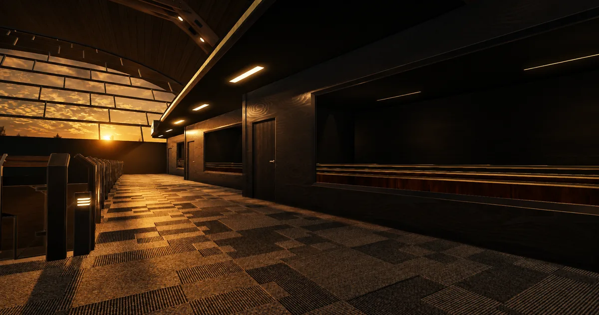 The office row inside the terminal &mdash; wood-panelled fronts and windows along a carpeted corridor, sunset through the glazed roof