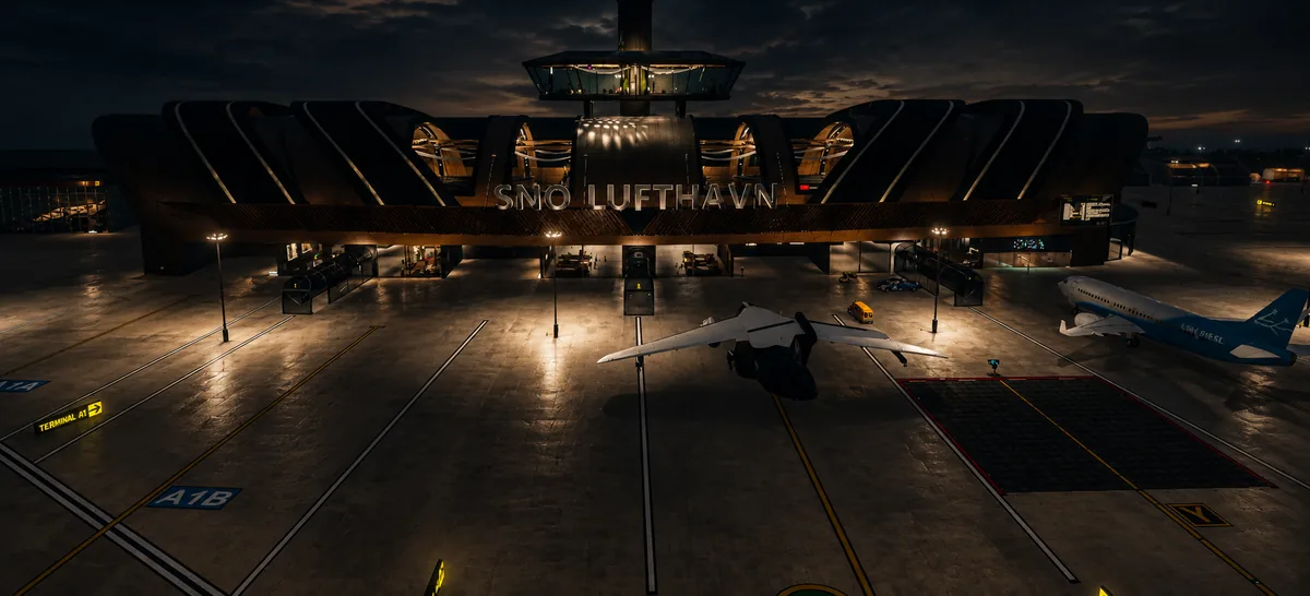 Aircraft on the stands at night under the apron floodlights