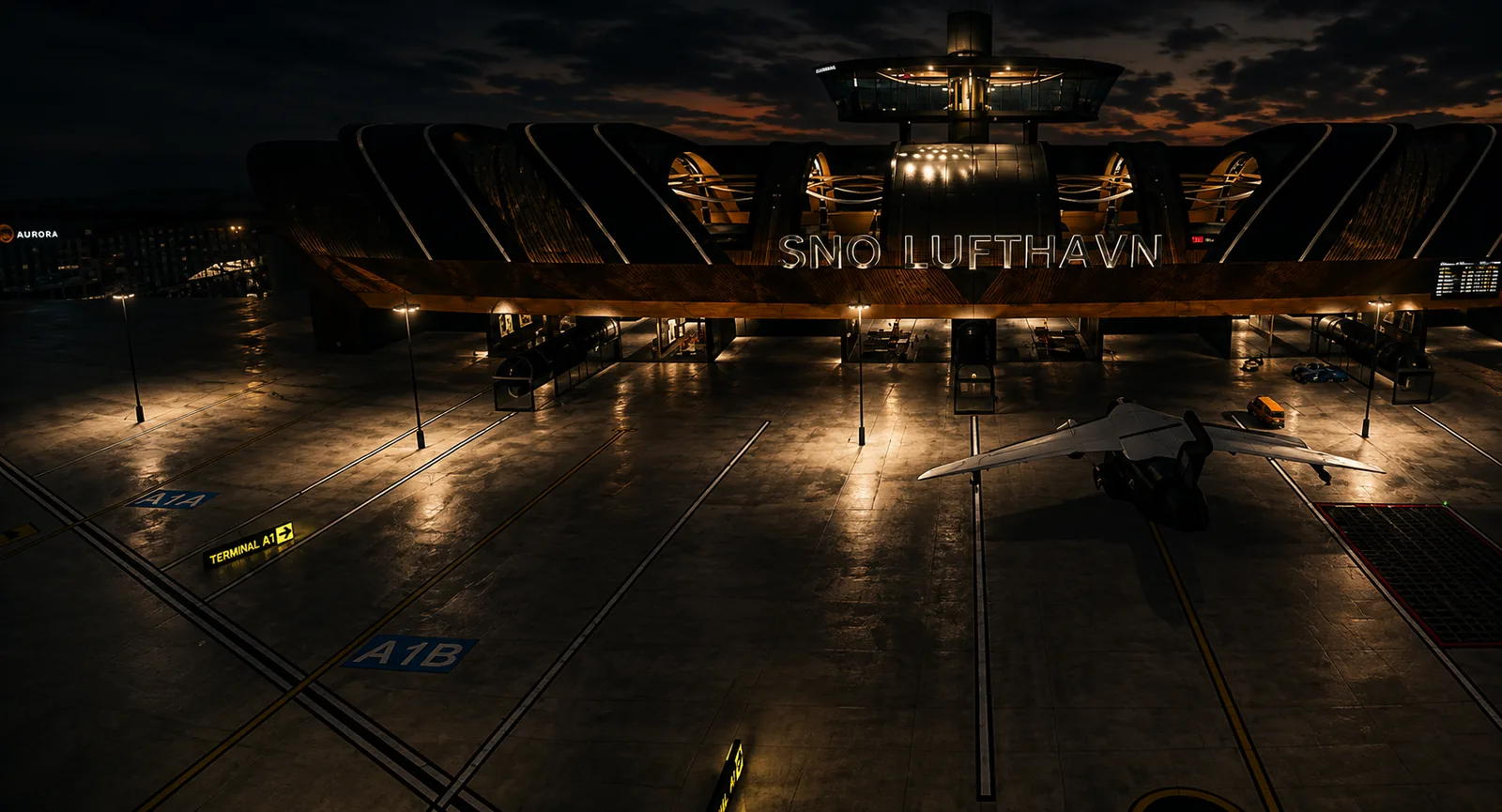 Terminal A1 taxiway signage and stand markings on the apron at night