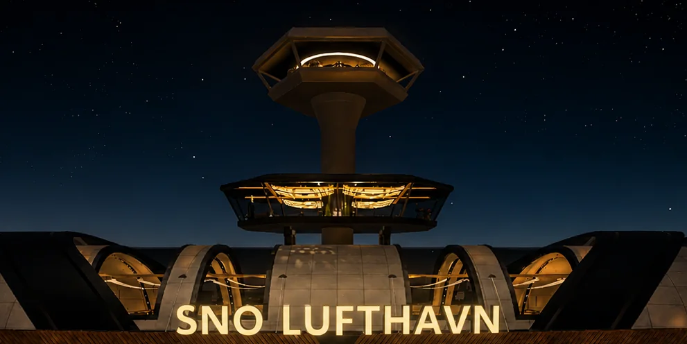 The tower cab and control room glowing at night, stars overhead