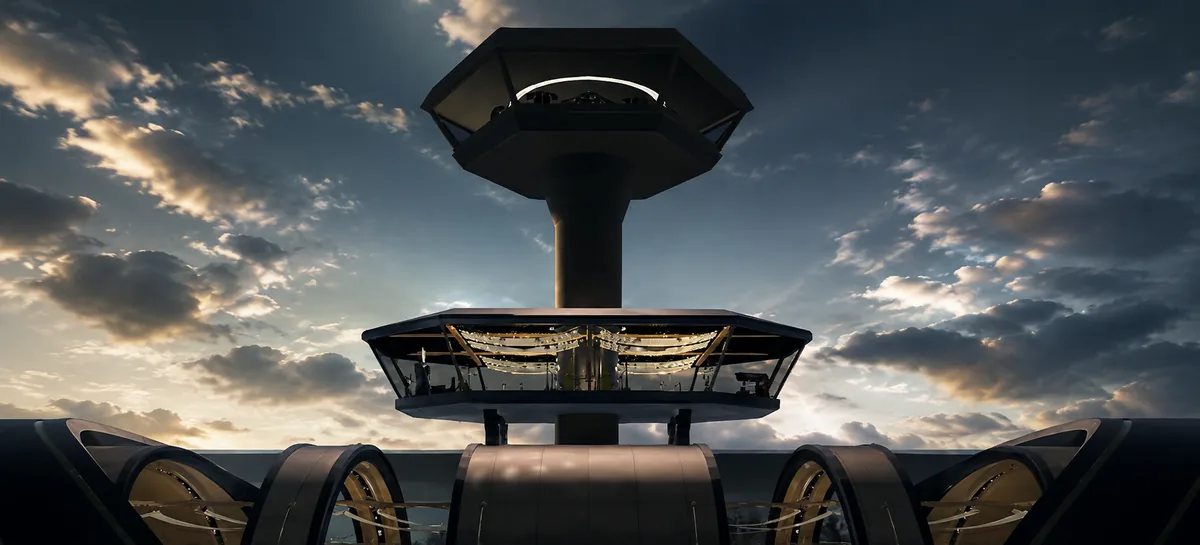 The control tower cab and observation deck rising above the terminal roof against a sunset sky