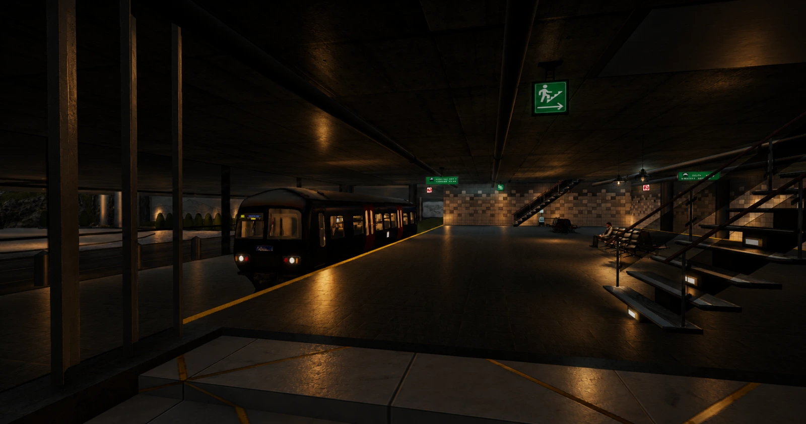 A train standing at the underground platform beneath the terminal &mdash; lit platform edge, waiting seats and stairs up to the hall