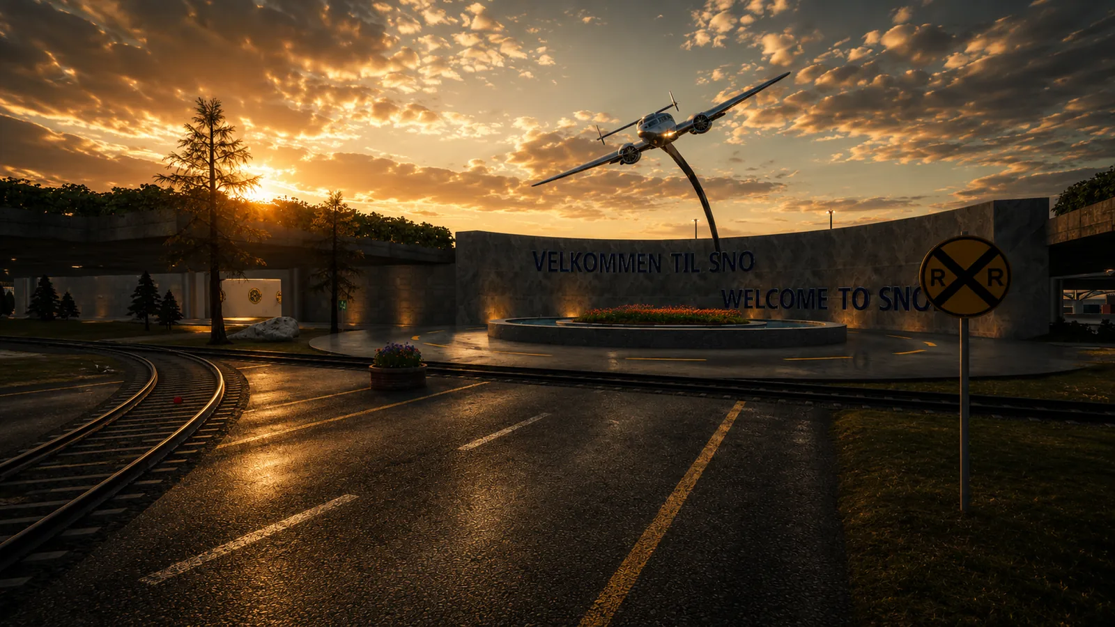 The road entrance to SNO &mdash; welcome wall, aircraft monument and the railway level crossing